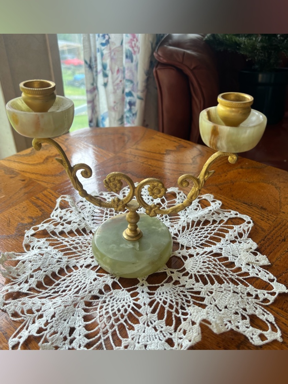 Vintage Two-Arm Jade & Brass Candle Holder - Green